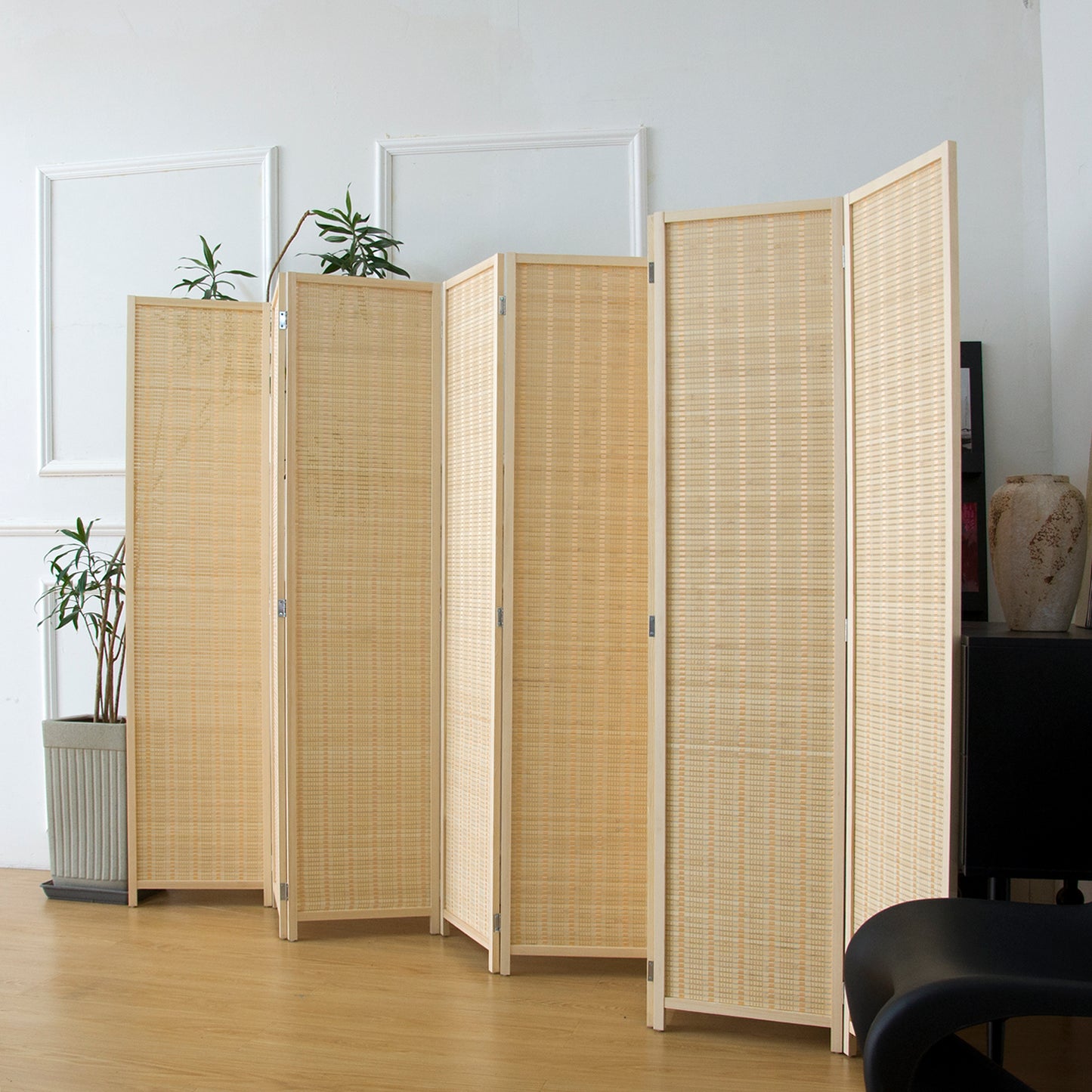 Loomveil 8 Panel Divider Screen Bamboo Room Divider Panel Screen for Room Seperation,Beige,67 inch Height