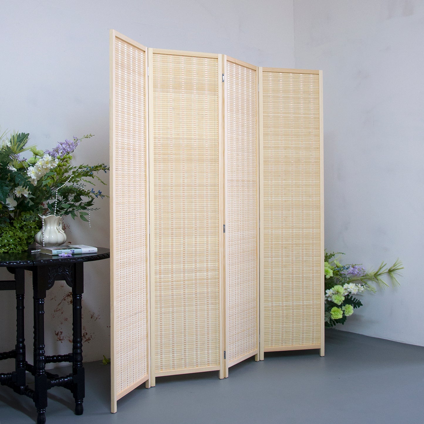 Loomveil 4 Panel Divider Screen Bamboo Room Divider Panel Screen for Room Seperation,Beige,67 inch Height