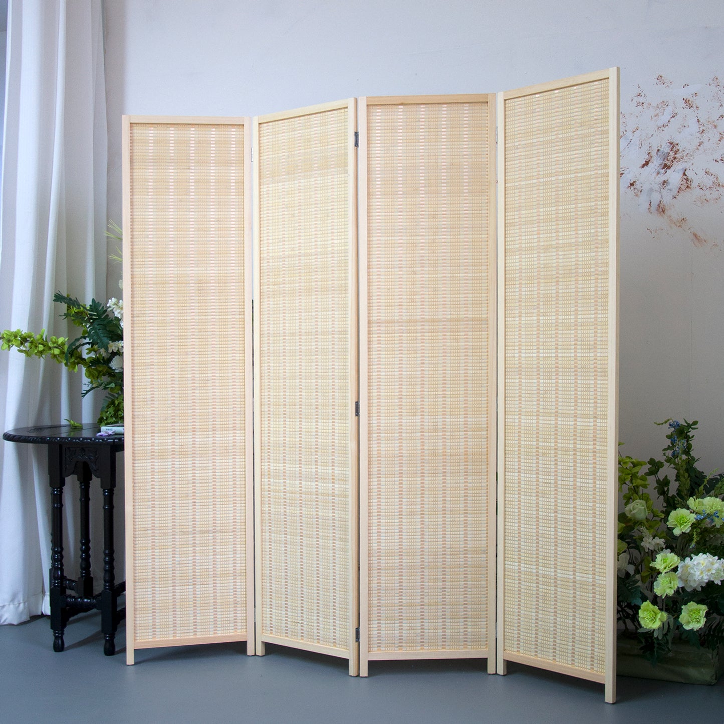 Loomveil 4 Panel Divider Screen Bamboo Room Divider Panel Screen for Room Seperation,Beige,67 inch Height
