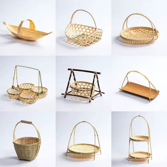 Loomveil Small Woven Bamboo Basket with Round Handle | For Tea Snacks, Fruits & Pastries | Creative Design | Multi-layer Woven Bamboo Basket