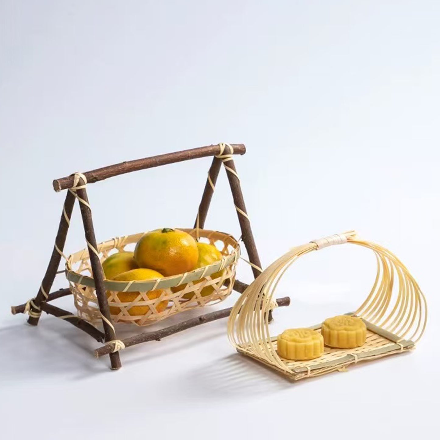 Loomveil Small Woven Bamboo Basket with Round Handle | For Tea Snacks, Fruits & Pastries | Creative Design | Multi-layer Woven Bamboo Basket