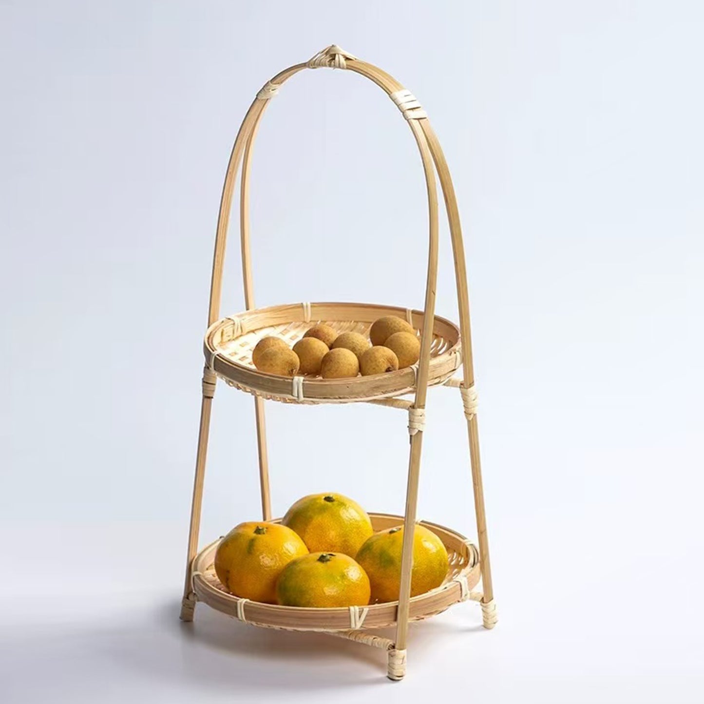 Loomveil Small Woven Bamboo Basket with Round Handle | For Tea Snacks, Fruits & Pastries | Creative Design | Multi-layer Woven Bamboo Basket