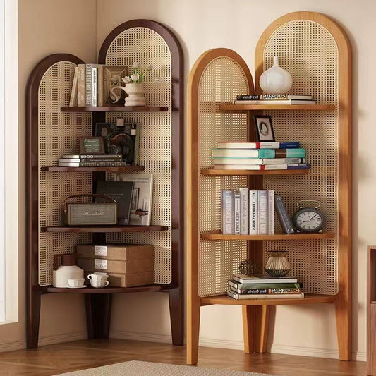 Loomveil Vintage-Inspired Rattan Corner Shelf & Solid Wood Three-Panel Screen | Multi-functional Decor for Couchside, Bookcase & Bedroom | Retro Storage Solution