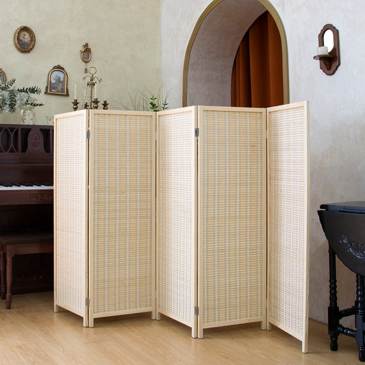 Loomveil 5 Panel Divider Screen Bamboo Room Divider Short Panel Screen for Room Seperation,Beige,47.2 inch Height